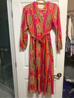 Vibrant Pink & Orange Tiger-Print Tie-Waist Maxi Dress